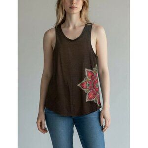 Mossimo Womens XS Black Sleeveless Top With Colorful Floral Side Print & Open Ba